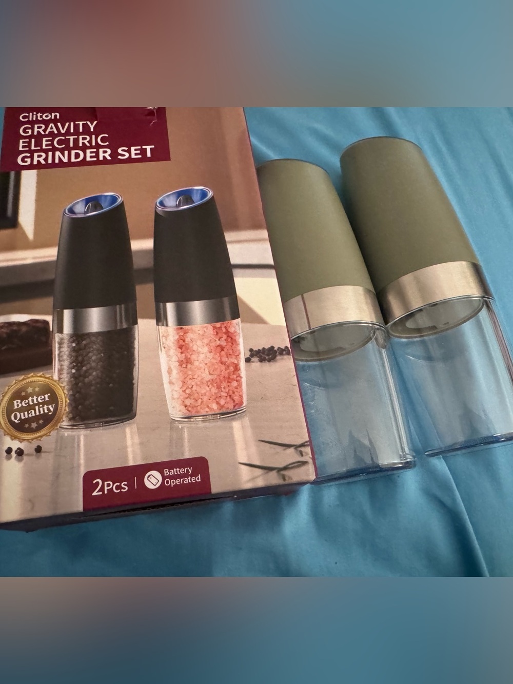 New in Box. Gravity Electric Grinder Set for Salt/Pepper. Beige